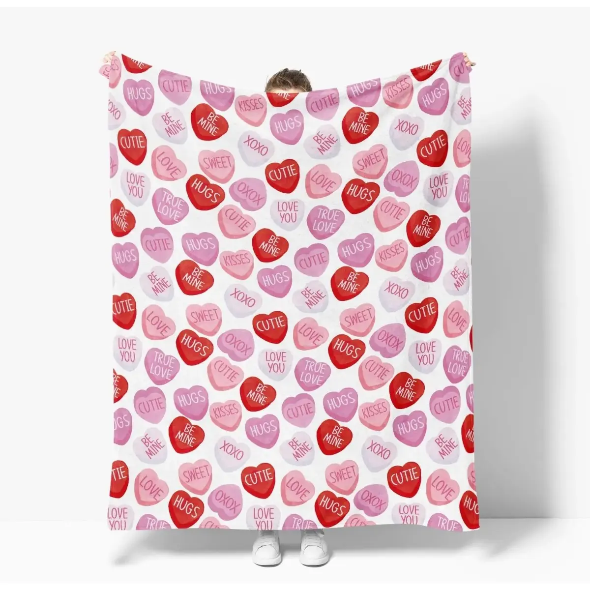 Valentine Heart Candy Throw Blanket, Cute Conversation Hearts Print Cozy Blanket, Romantic Love Theme Blanket for Couch Sofa Bed, Sweet Bedroom Decor Gift for Couples, Girlfriend, Wife & Friends