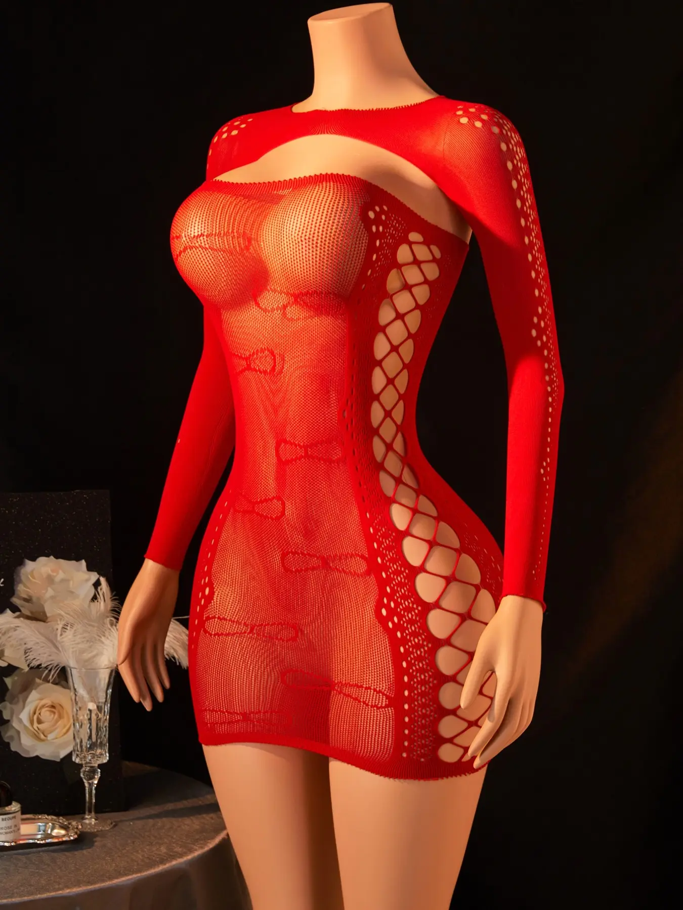 Women Faux Two Piece Sheer Mesh Cover Up Lingerie Set Long Sleeve See Through Lace Hollow Out Club Night Out Cover Top Sensual Chic Boudoir Date Night Party Outfit