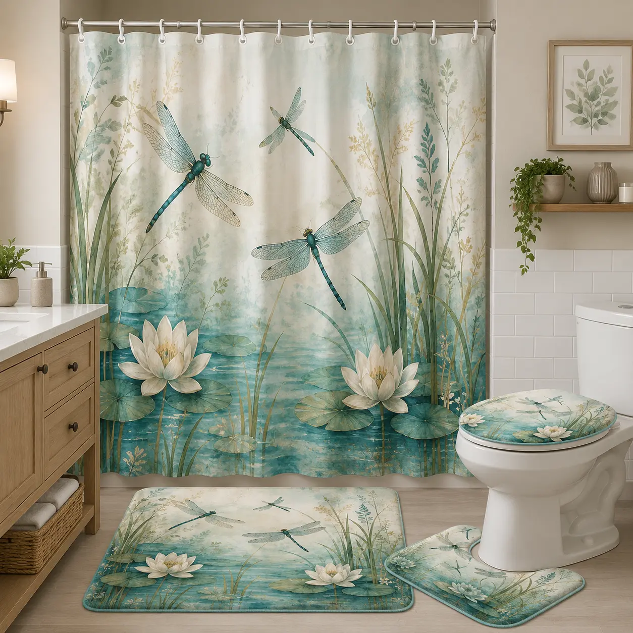 4PCS Flannel Dragonfly Shower Curtain Set, Decorative Bathroom Decor Ideas Item with Waterproof Shower Curtain, Non-Slip Bath Mat, Toilet Lid Cover & U-Shape Rug for Hanging Bathroom Supplies