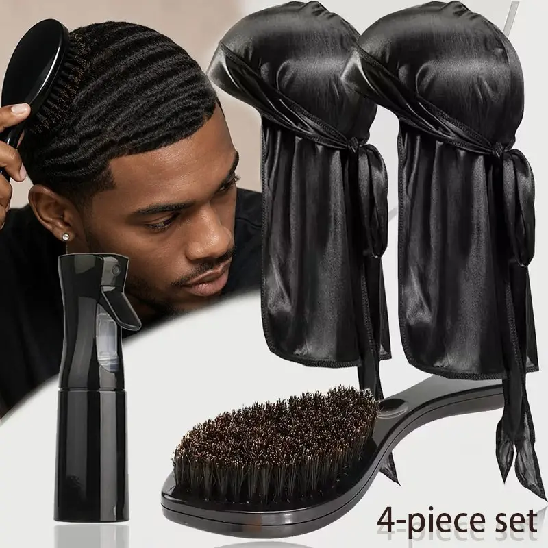 4/5pcs 360 Wave Brush Kit for Men with 2pcs Black Durags & Fine Mist Spray Bottle, Curved Hair Styling Brush for 360 Waves, Daily Wave Training, Smoothing and Barber Grooming Set