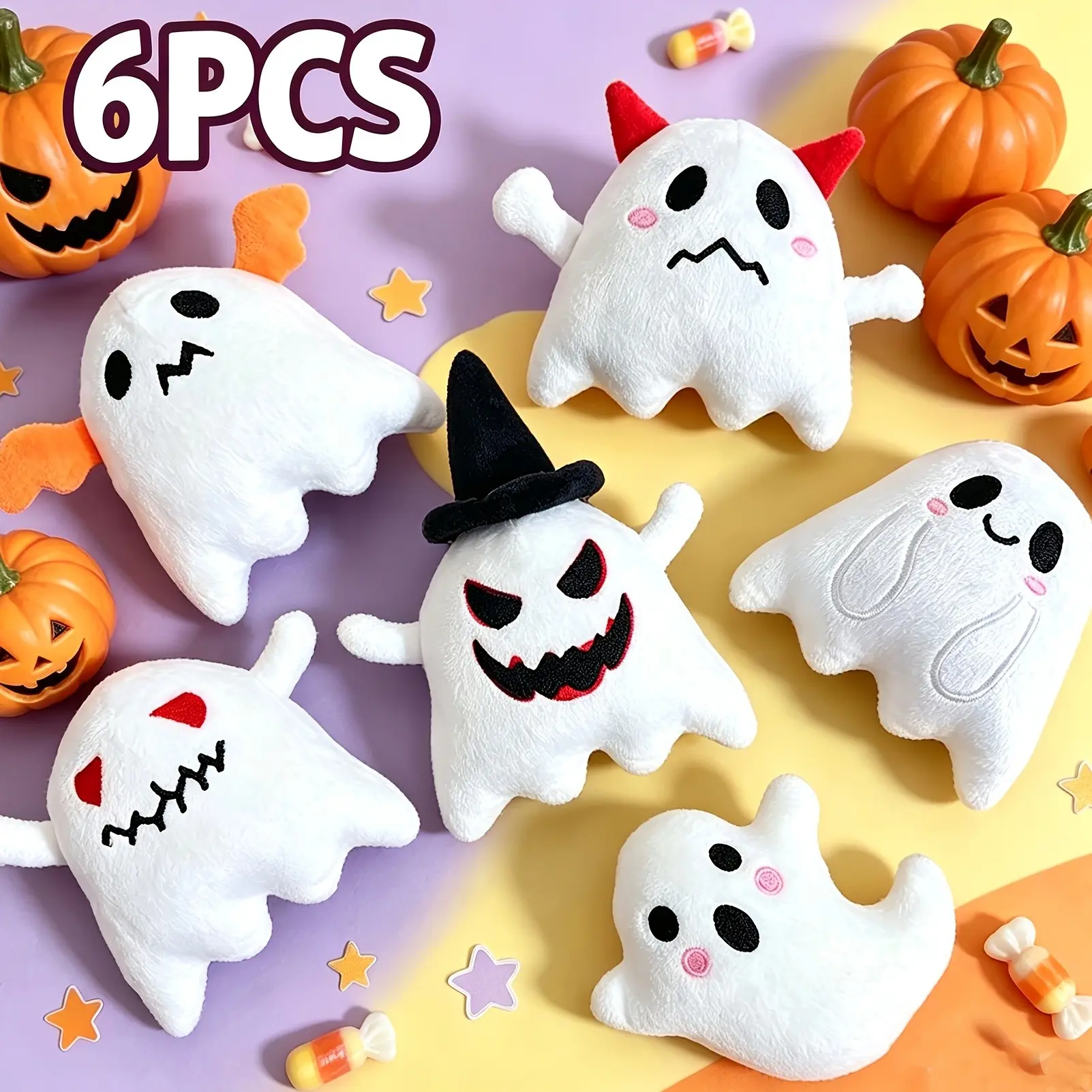 6-Piece Ghost Plush Doll Set, Soft Halloween Filled Ghost Toys with Horns, Wings, and Witch Hat, Cute Horror Festival Decorations