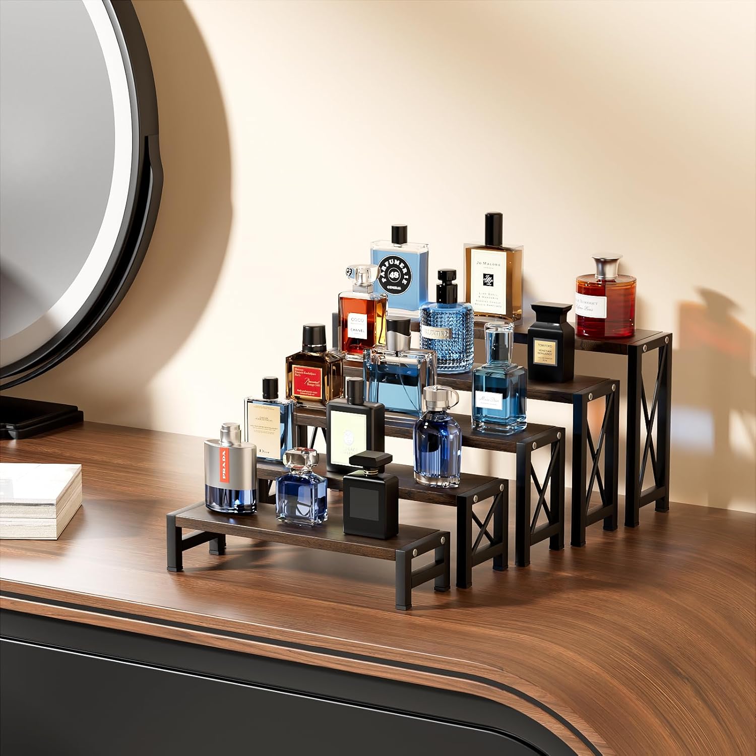Stackable Wooden Cologne Organizer for Men, 5-Tier Tray Risers Display Makeup Perfume Organizer for Women, Cupcake Stand, Buffet Shelf, Dessert Risers, Figure Collectible Stand Stackable Wooden Cologne Organizer for Men, 5-Tier Tray Risers Display Makeup Perfume Organizer for Women, Cupcake Stand, Buffet Shelf, Dessert Risers, Figure Collectible Stand