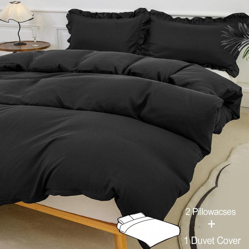 Solid Color Ruffle Trim Duvet Cover Set, 1 Set Including 1 Duvet Cover & 2 Pillowcase without Filler, Soft Comfortable Bedding Set for Home Bedroom Hotel Dormitory, Comfy Bed Sets