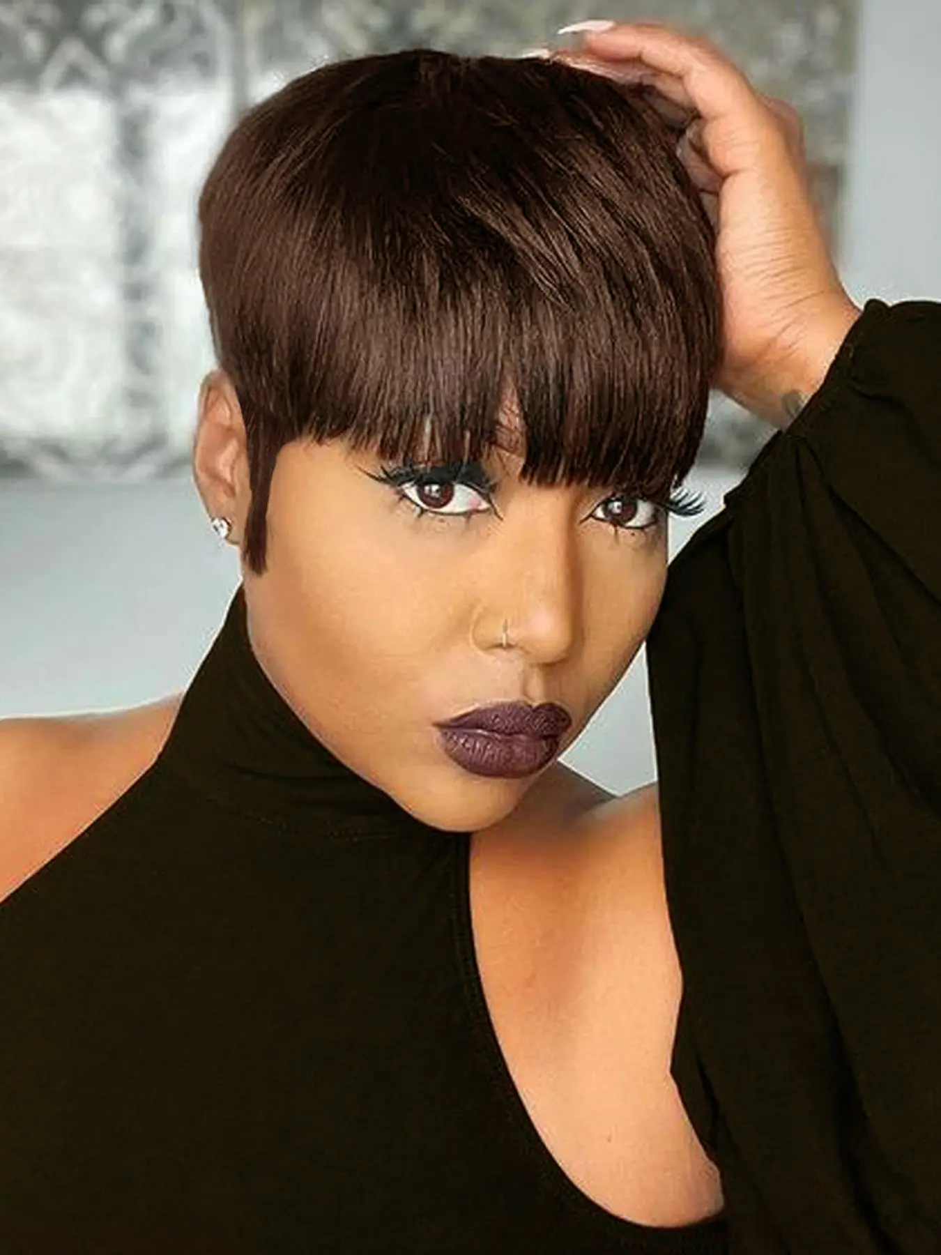 Pixie Cut Human Hair Wigs With Bangs For Women Full Machine Made  Natural Looking Daily Wear Short Hair Wigs
