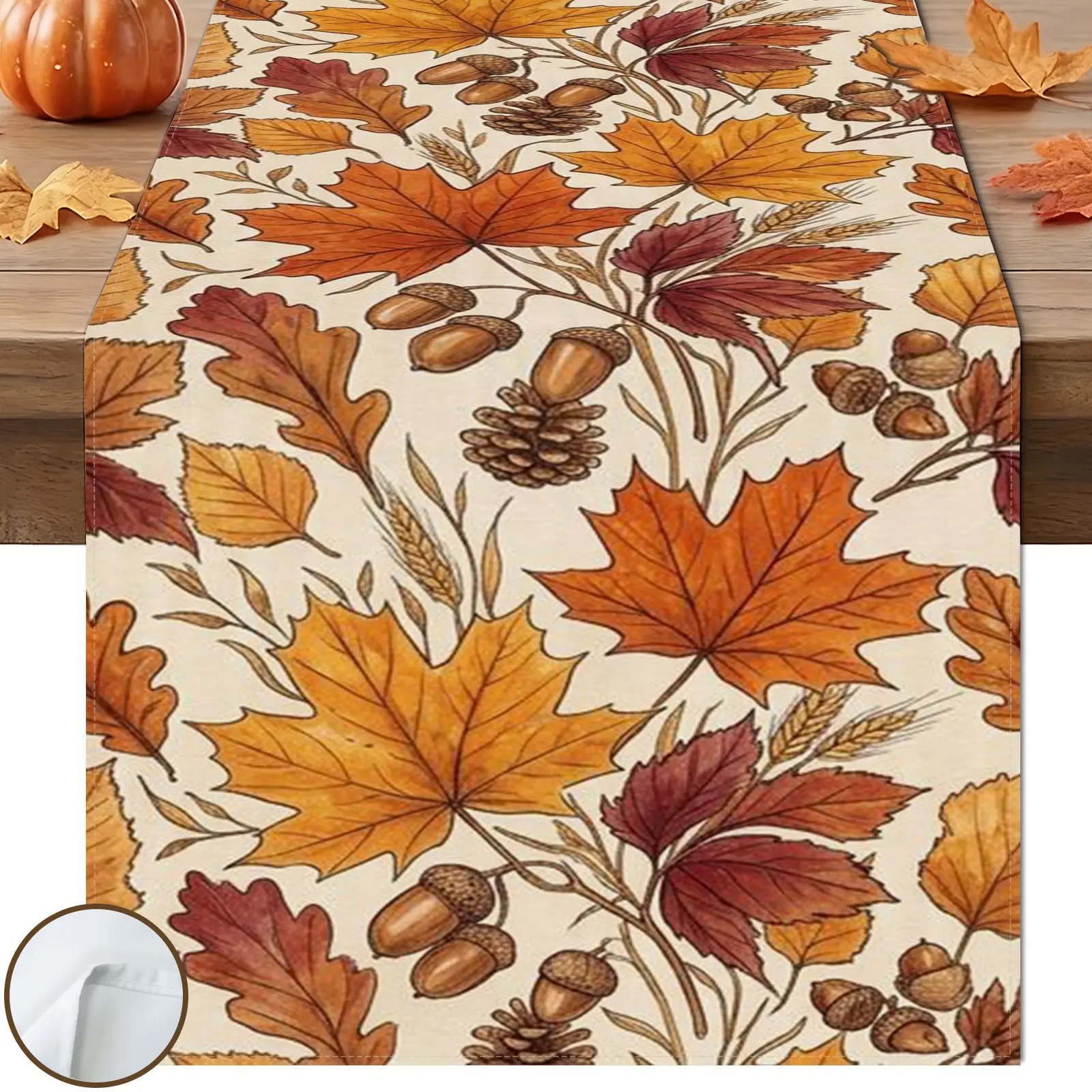 1pc Autumn Leaves Table Runner, Vintage Nature Style, Beige Background Large Maple Pinecone Wheat Acorn Pattern, for Fall Thanksgiving Table Decor.