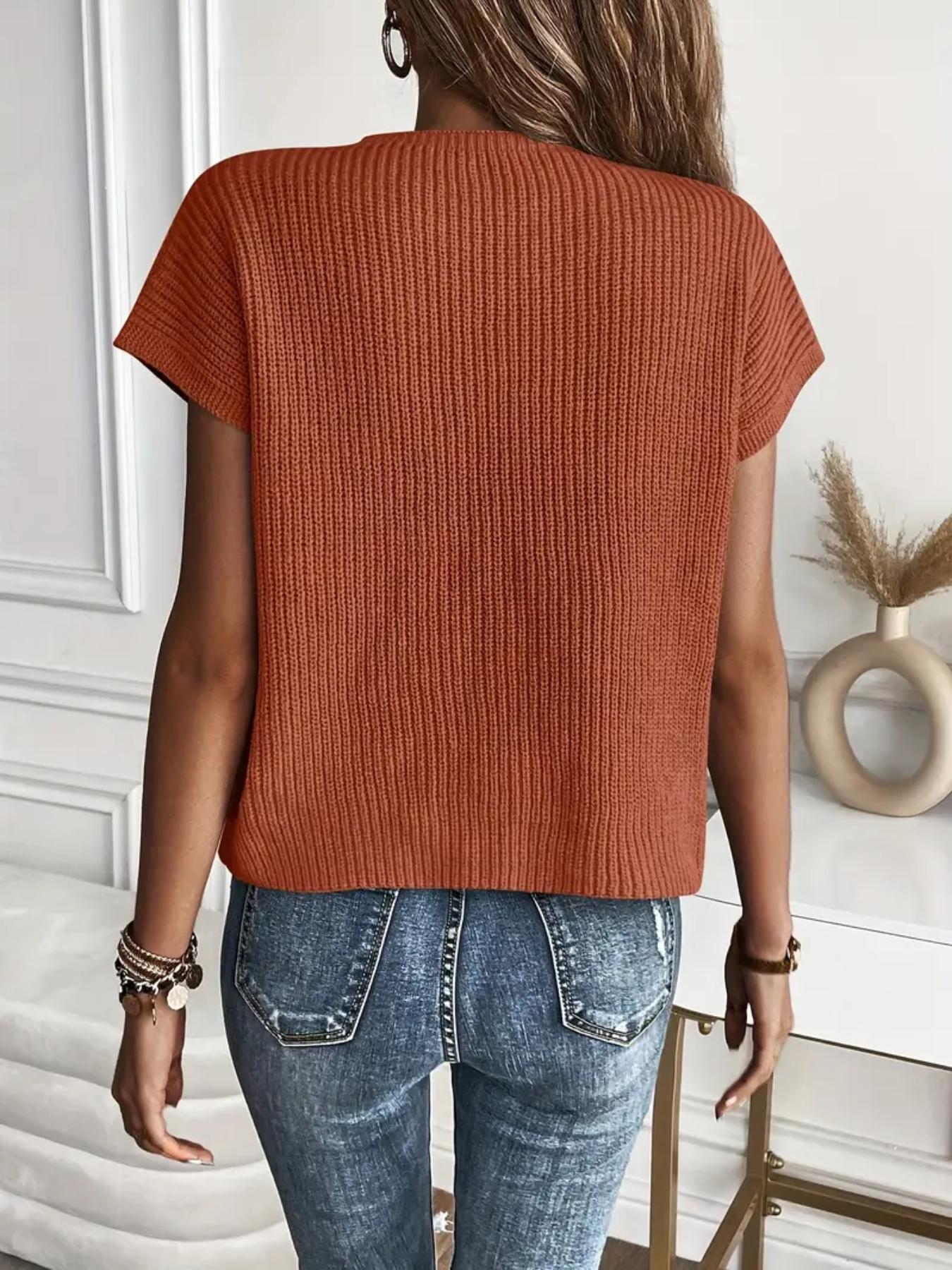 Women's Plain Pocket Round Neck Comfort Knit Top, Fitted Casual Breathable Short Sleeve Womenswear, Crochet Tops for Lady, Summer, Comfort Summer Tops, Summer Clothes, Fashion Women's Knitting Clothing for Everyday Daily Wear, Womenswear