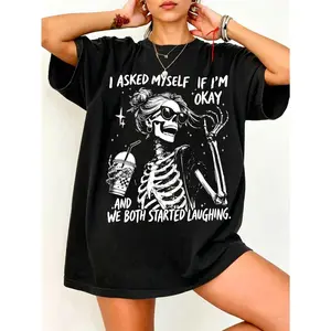 I Asked Myself If I‘m OK Skeleton Tee — The “We Both Started Laughing” Mental Health Shirt, Relatable Snarky Graphic for Women, Vintage Summer Top
