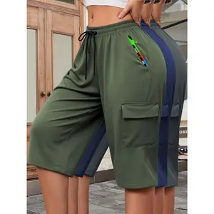 3 Pack Women's Lightweight Breathable Cargo Capri Shorts, Elastic Drawstring High Waist Zip Pocket Loose Fit Knee Length Outdoor Workout Shorts