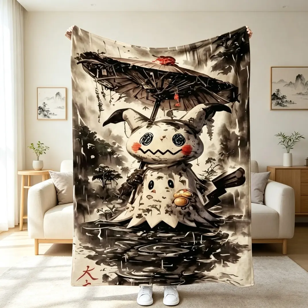 Ink Style Mimikyu Soft Flannel Blanket, Soft and Comfortable Thin Plush Throw Blanket for Adults & Kids, Lightweight Cozy Fleece Blanket for AC Rooms, Home Office, Sofa Bed Travel All Season Home Decor Gift