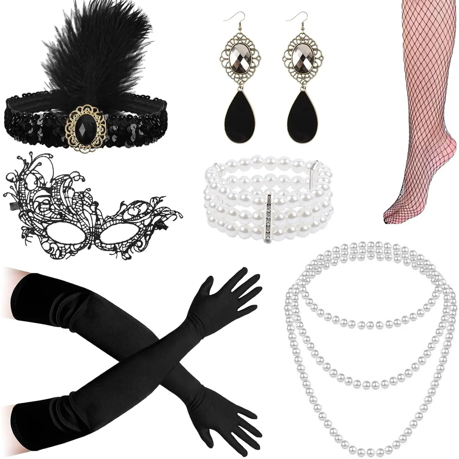 1920s Flapper Costume Accessories Set for Women,   Costume Roaring 20s Accessories Set with Headpiece