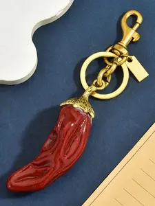 Shiny Red Chili Metal Bag Charm, Vintage Gold Plated Chili Veggie Keychain with Lobster Clasp & Tag, Auspicious Lucky Charm for Backpack, Commuter Bag, Car Key, Festive Daily Gift Accessory