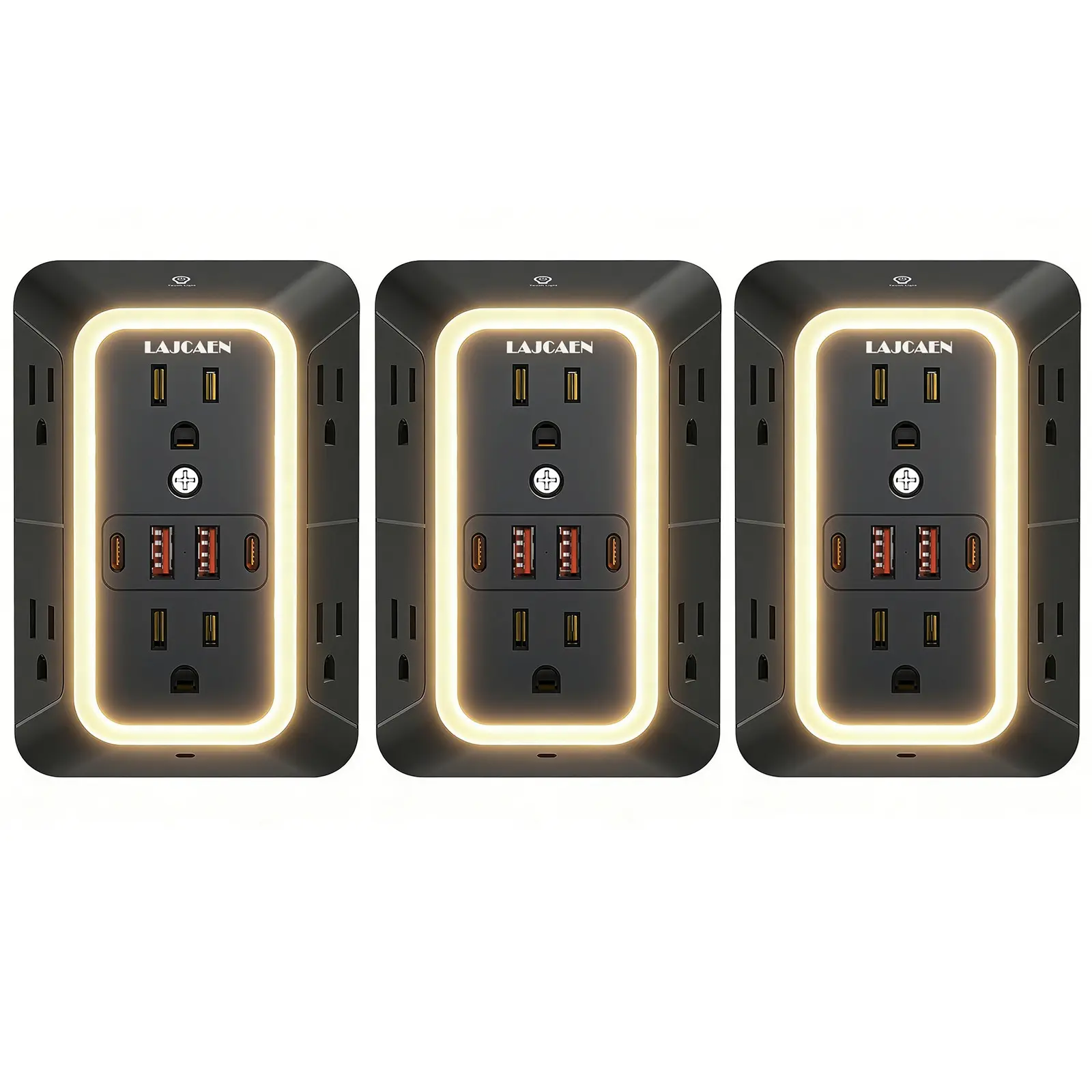3 Pack 10in1 Smart Multi Plug Outlet With Night Light, 2026 NEW LAJCAEN USB Wall Charger 6 Wide AC Outlet Extender multifunctional socket with 4USB Ports (2A+2C), Wall Power Suitable for Home Dorm Room Apartment，ETL