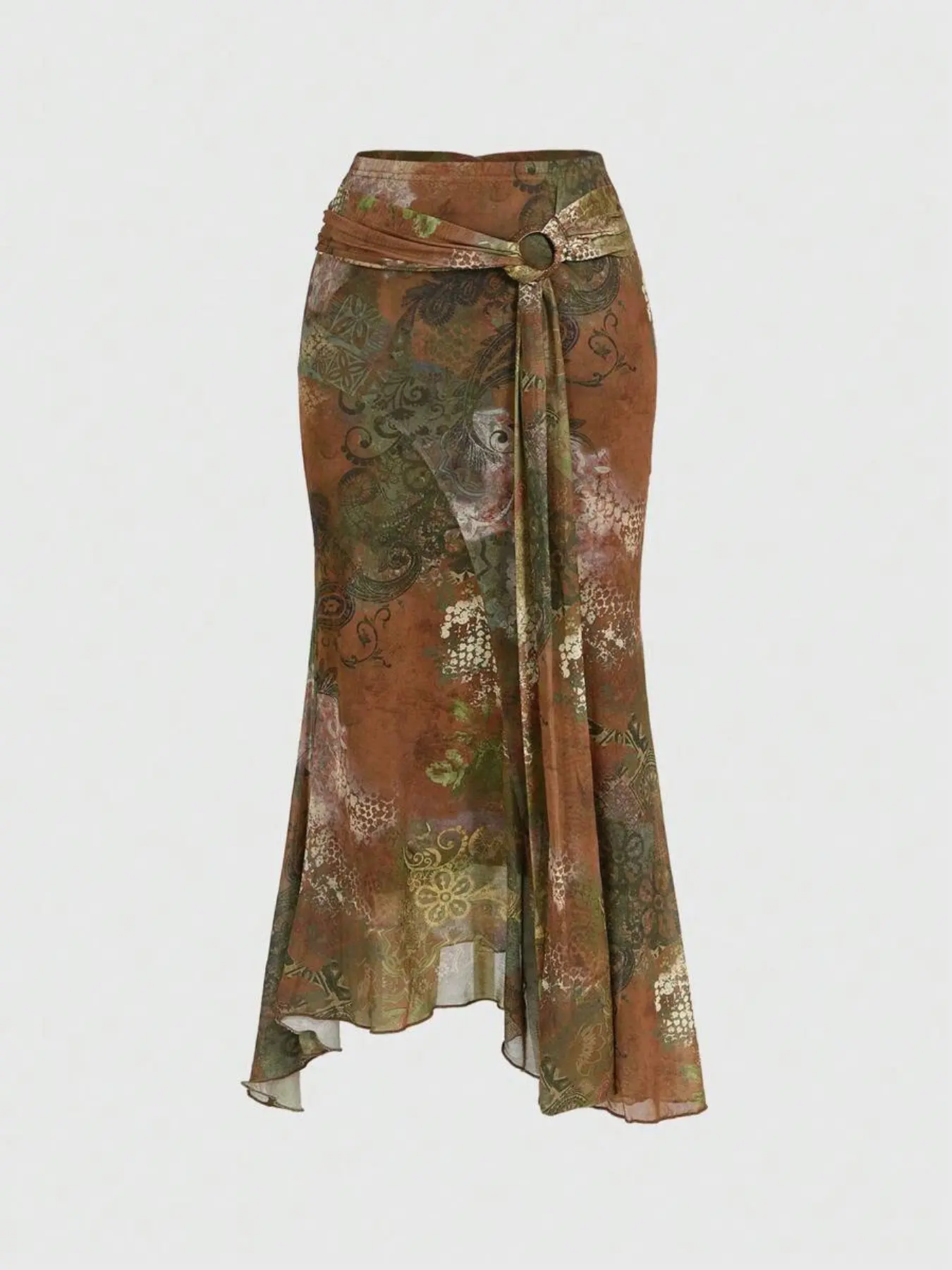 Boho Style Bohemian Women's Vintage Asymmetrical Hem Paisley Pattern Print A-Line Skirt, High Waist Ruffle Hem Midi Dress, Elegant Belted Wrap Skirt, High Waist Skirts