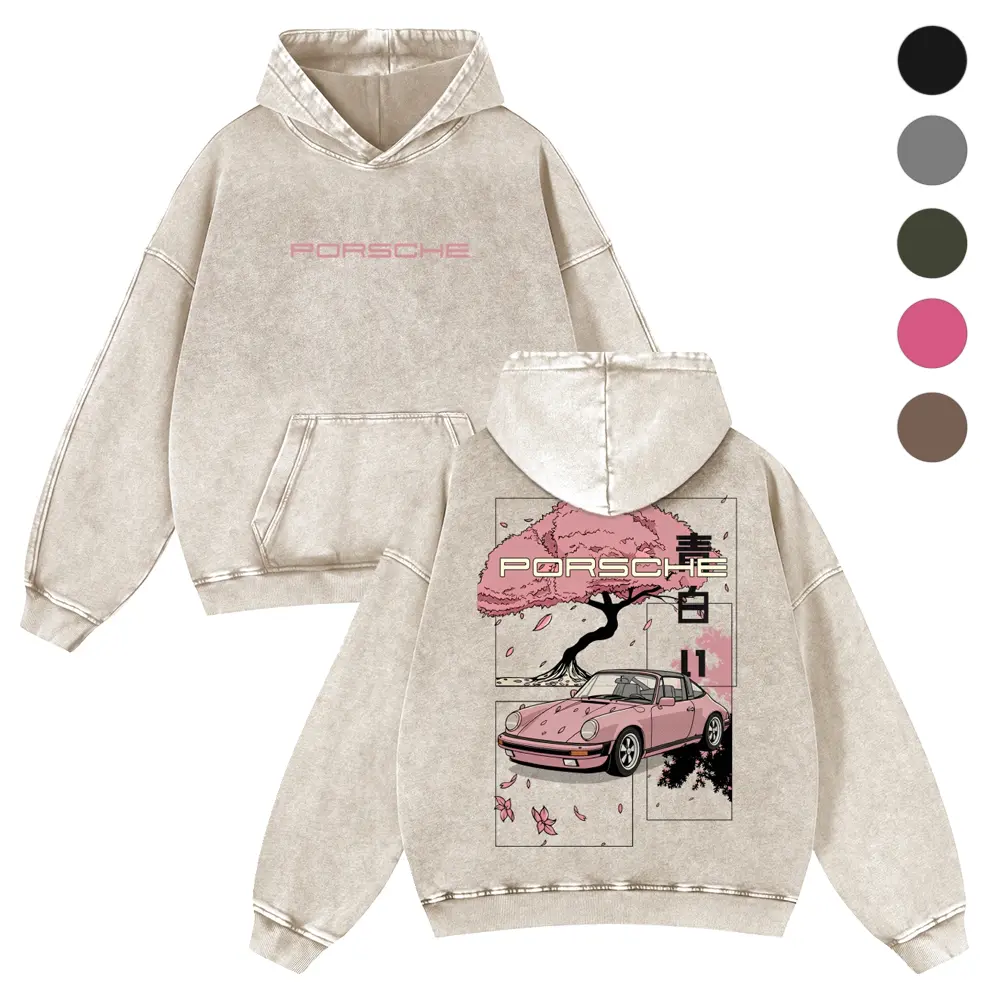 Vintage Washed Graphic Hoodie, Unisex Retro Anime Car Back Print, Heavyweight Super Soft Cotton Blend Sweatshirt, S, Plus Size, 3Xl, 4Xl, Relaxed Cut