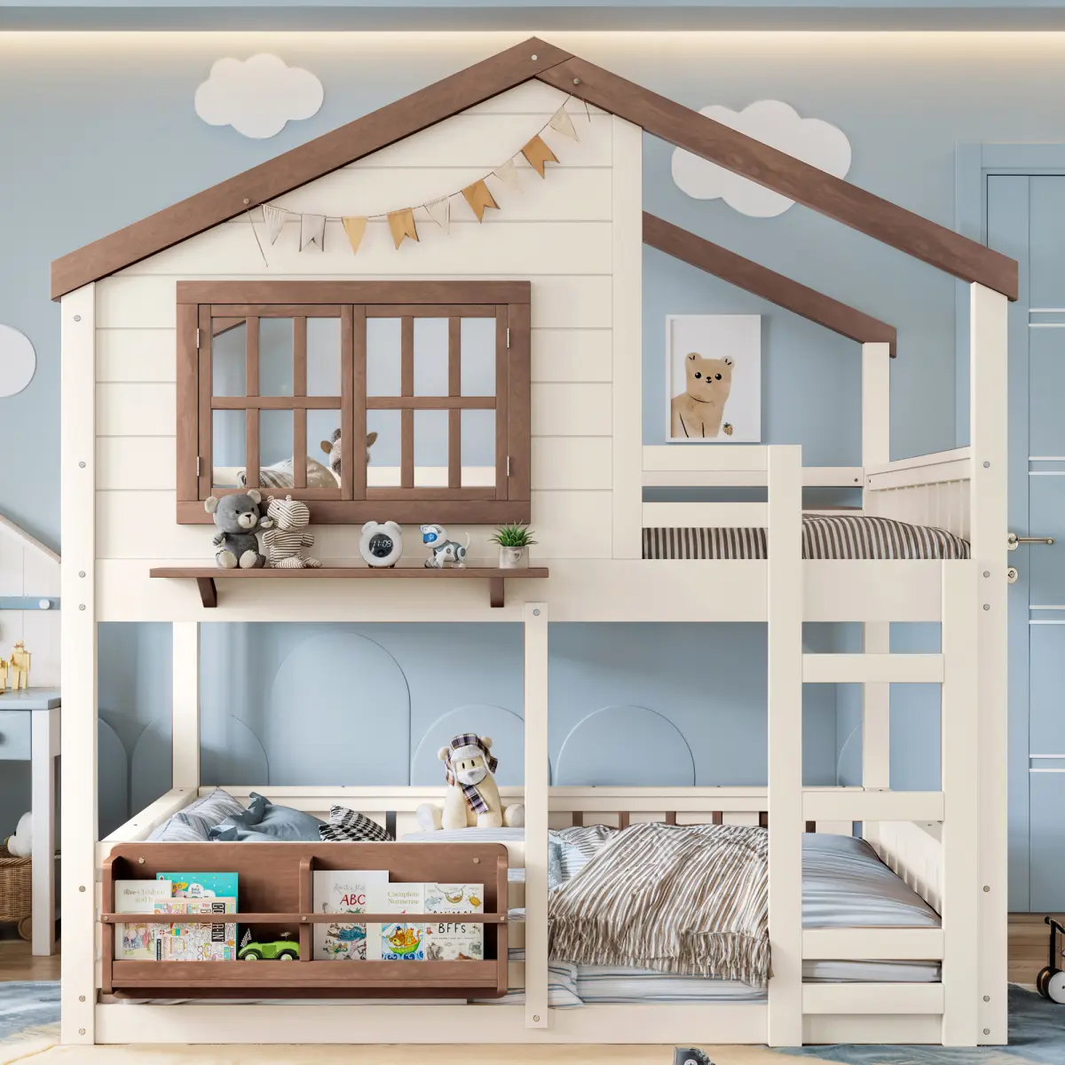 Cabin Style House Bunk Bed Frame with Sloped Roof, Simulated Windows, Safety Guardrails, Built-in Ladder and Underbed Bookshelf, Multi Level Wooden Bed for Bedroom