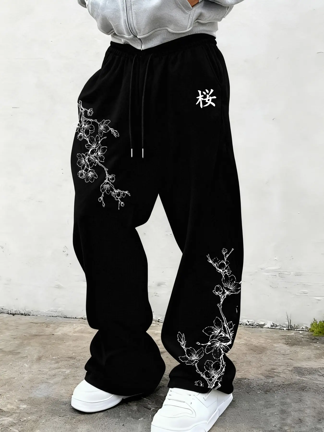 Men's Loose Wide Leg Sports Pants, Cherry Blossom Print Casual Long Trousers, Trendy Straight Leg Pants for Daily Wear, Gym, Home, Athleisure Style Bottoms