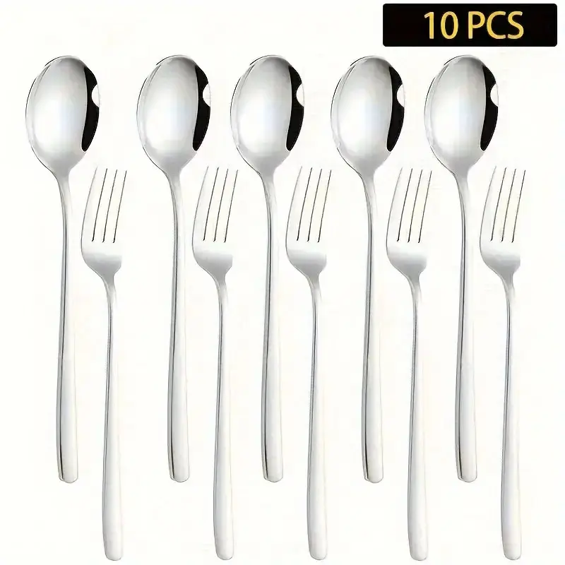 10-Piece Silver Color Stainless Steel Fork Spoon Set, Korean Style Cutlery, Includes 5 Dinner Forks & 5 Tea Spoons, Durable Dishwasher Safe