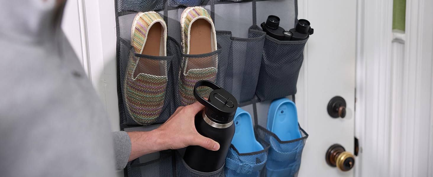 Over the Door Shoe Organizer, 24 Large Breathable Mesh Pockets, Space Saving Hanging Storage Holder, Closet Rack Hanger Holds Up to 40 lbs, Hangs on Closets for Shoes, Accessories, Pink