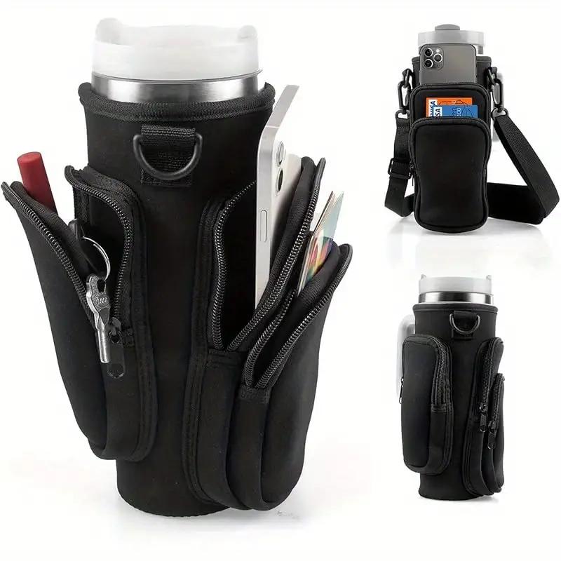 Water Bottle Carrier Bag with Phone Pocket for Stanley Cup 40/30oz,Insulated Neoprene Water Bottle Holder Pouch Cross-boday Bag with Adjustable Shoulder & Handheld Strap Stanley Cup Accessories 3 Pockets