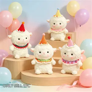 A white sheep plush toy wearing a birthday hat/bouquet, perfect for a cute and girly birthday gift, room decoration, Mother's Day gift, graduation gift, or wedding decoration.