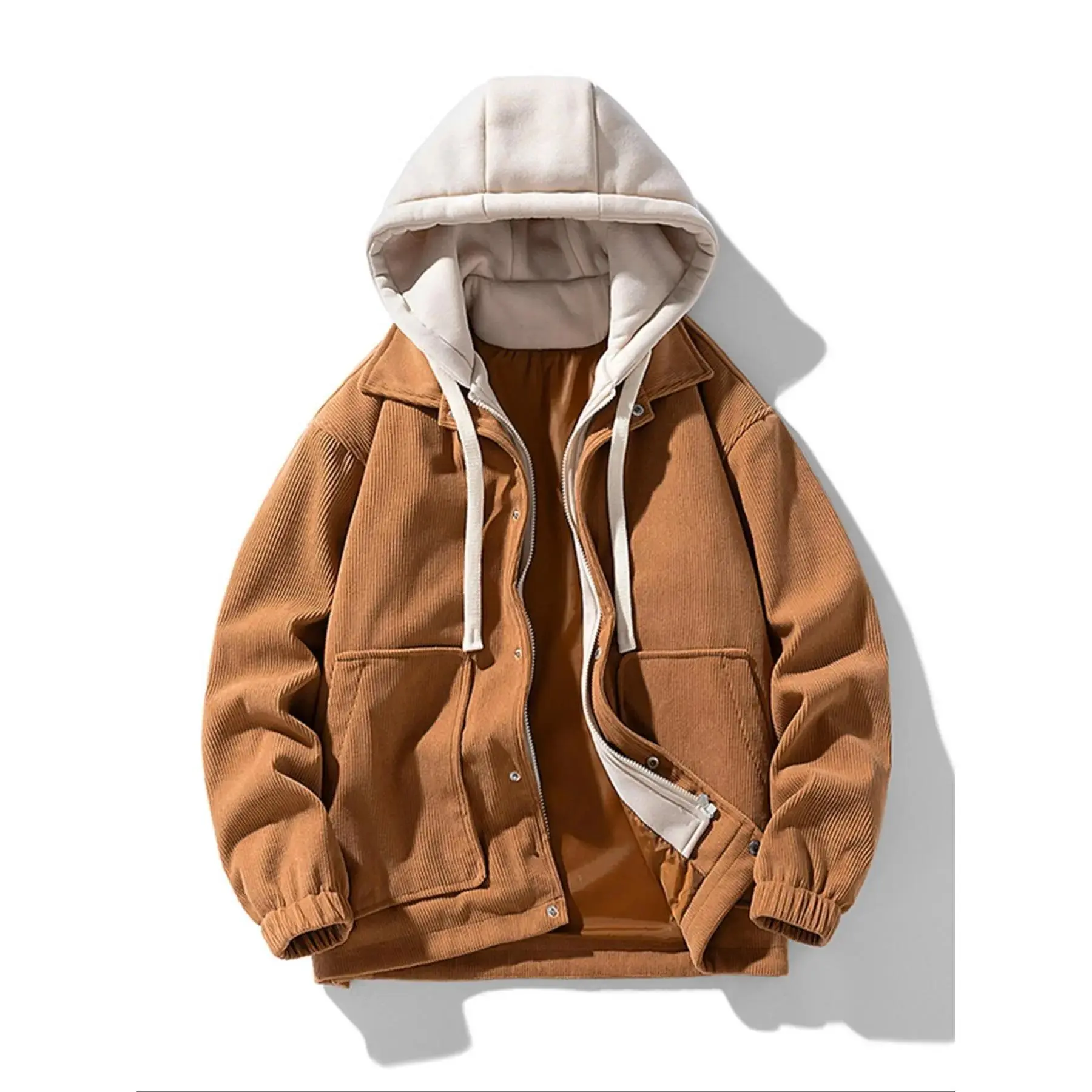 Men's Colorblock 2-in-1 Hooded Jacket, Button Front Zip Up Outerwear with Drawstring, Fall Winter Casual Coat, layering piece, essential piece, trendy style, everyday wear, must have item, wardrobe staple