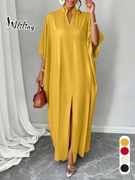 Women's Plain Notched Neck Split Hem Long Dress, Elegant Fashion Casual Dress for Daily Outdoor Wear, Women Dress for Summer