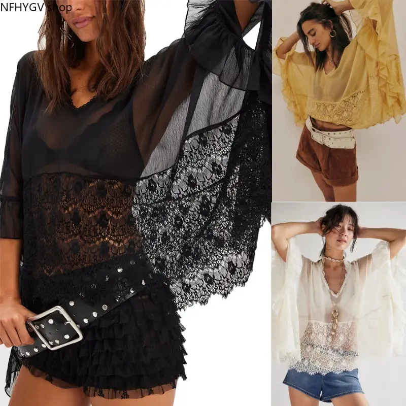 Sheer Chiffon Lace Patchwork Boho Top, V Neck Ruffle Flare Sleeve Loose Blouse, See Through Lightweight Shirt for Women Beach Trip and Daily Wear