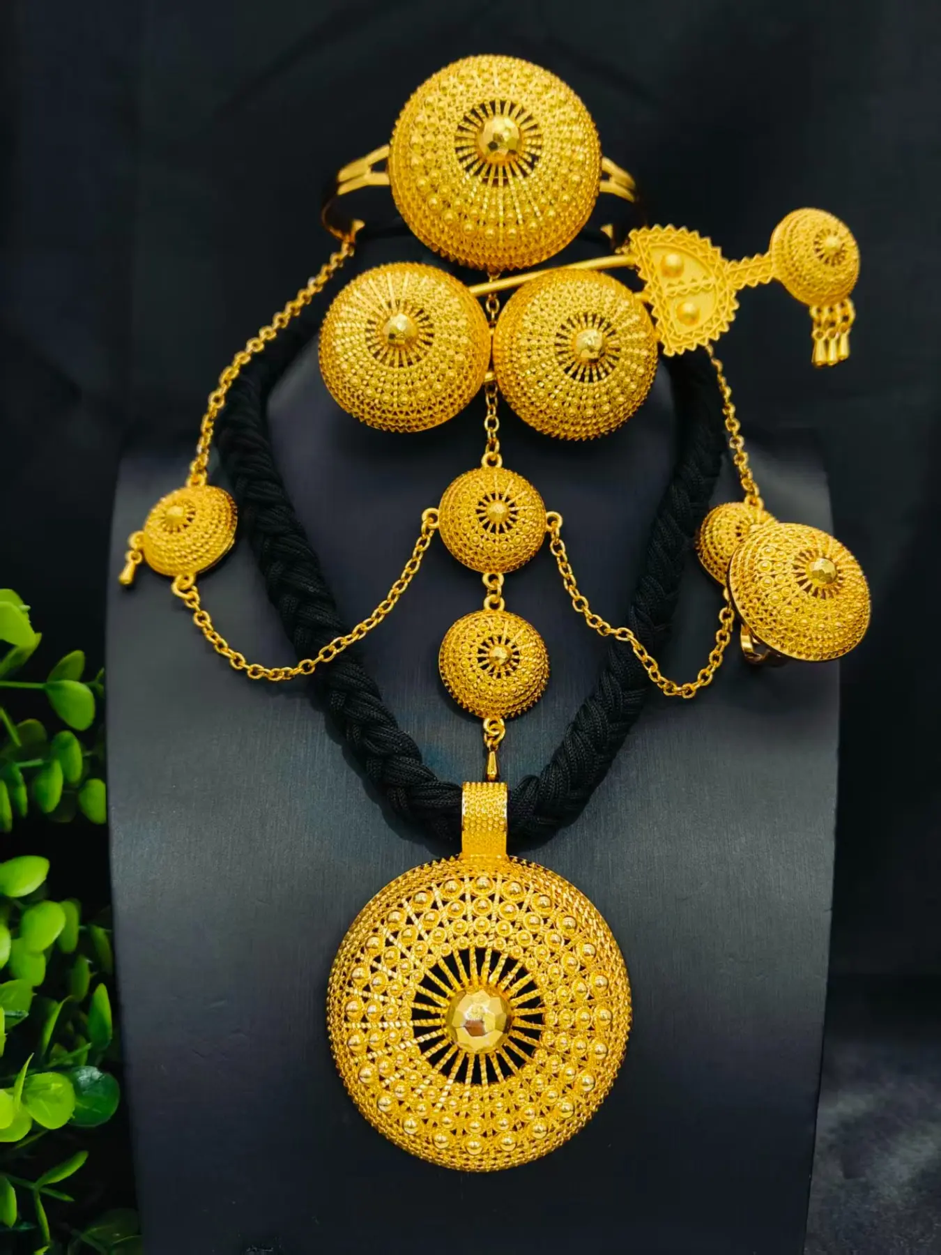 Fashion Women's Rope Round Pendant Jewelry Set, Necklace Bracelet Ring Earring Headband Hair Fork, Wedding Party Gift