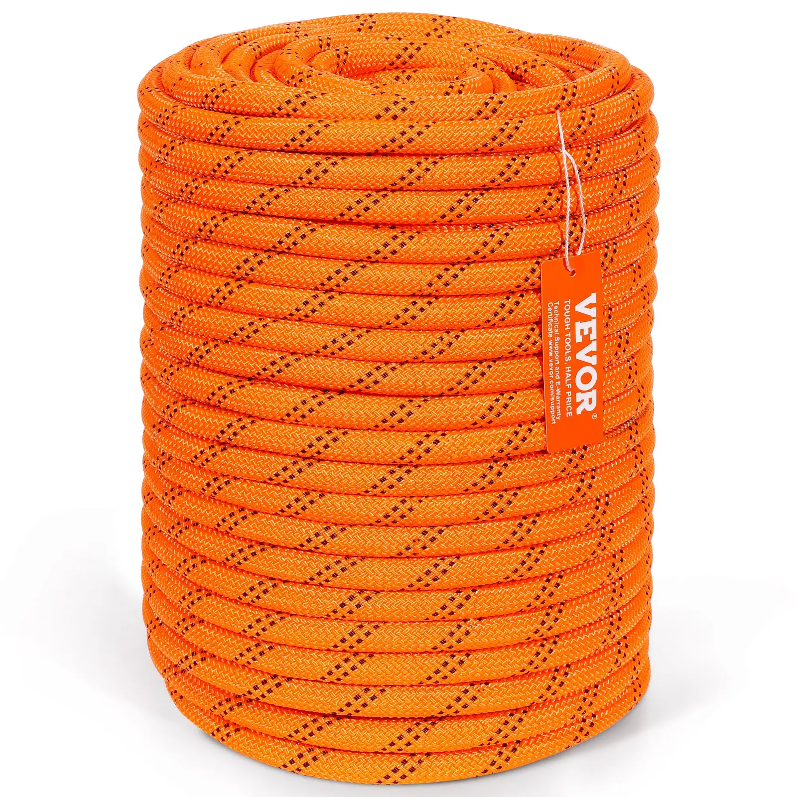 VEVOR Dual-Weave Polyester Cord, 1/2 inchx 220 feet, 48-Strand, 8000 LBS Tensile Strength, Multi-Use Outdoor Rope for Camping, Swinging, Rappelling, and Rescue, Orange/Black