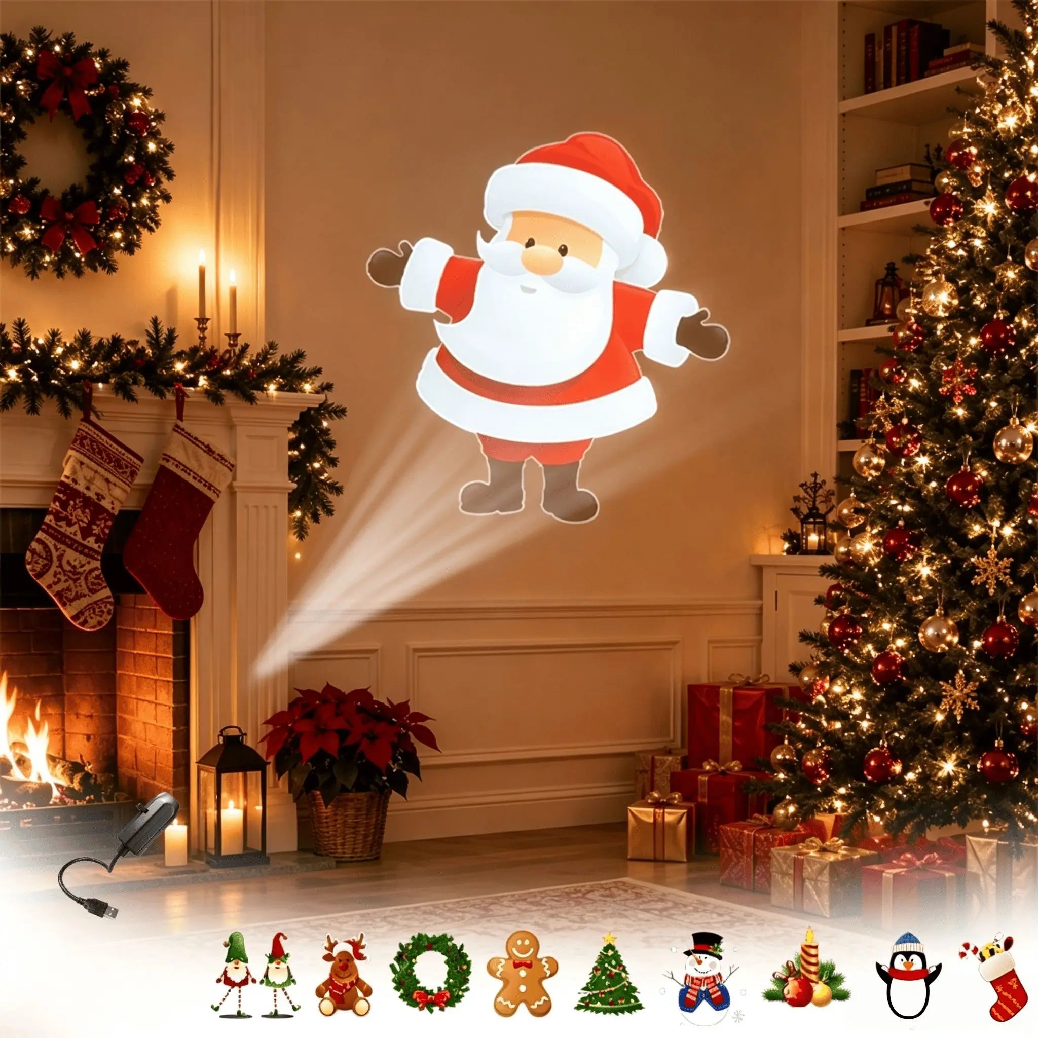 Christmas LED Projector with Tree, Snowman, Reindeer, Sock Designs, USB Powered, Holiday Decor, Portable Night Light, Wall Ceiling Bedroom Bedside, Creative Christmas Gift