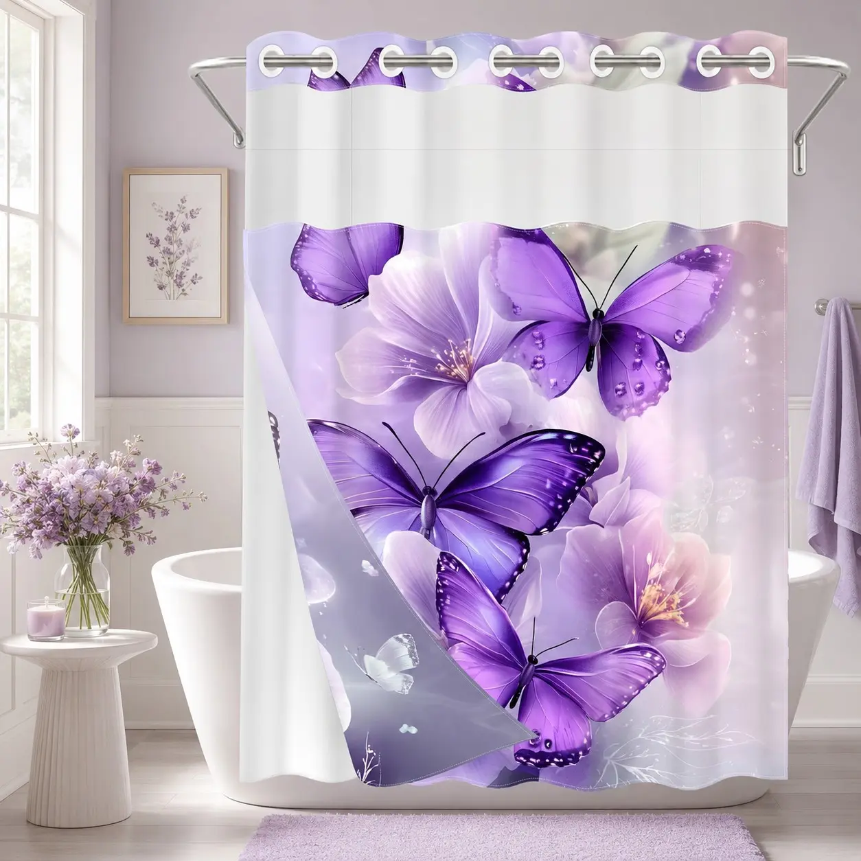 1Pc Hookless Double Layer Girly Shower Curtain, Purple Butterfly Floral Print, Elegant Feminine Bathroom Decor, Water Repellent Washable Fabric, Removable Snap-in Liner, Top See-Through Window, For Apartment, Hotel, Guest Bath, RV