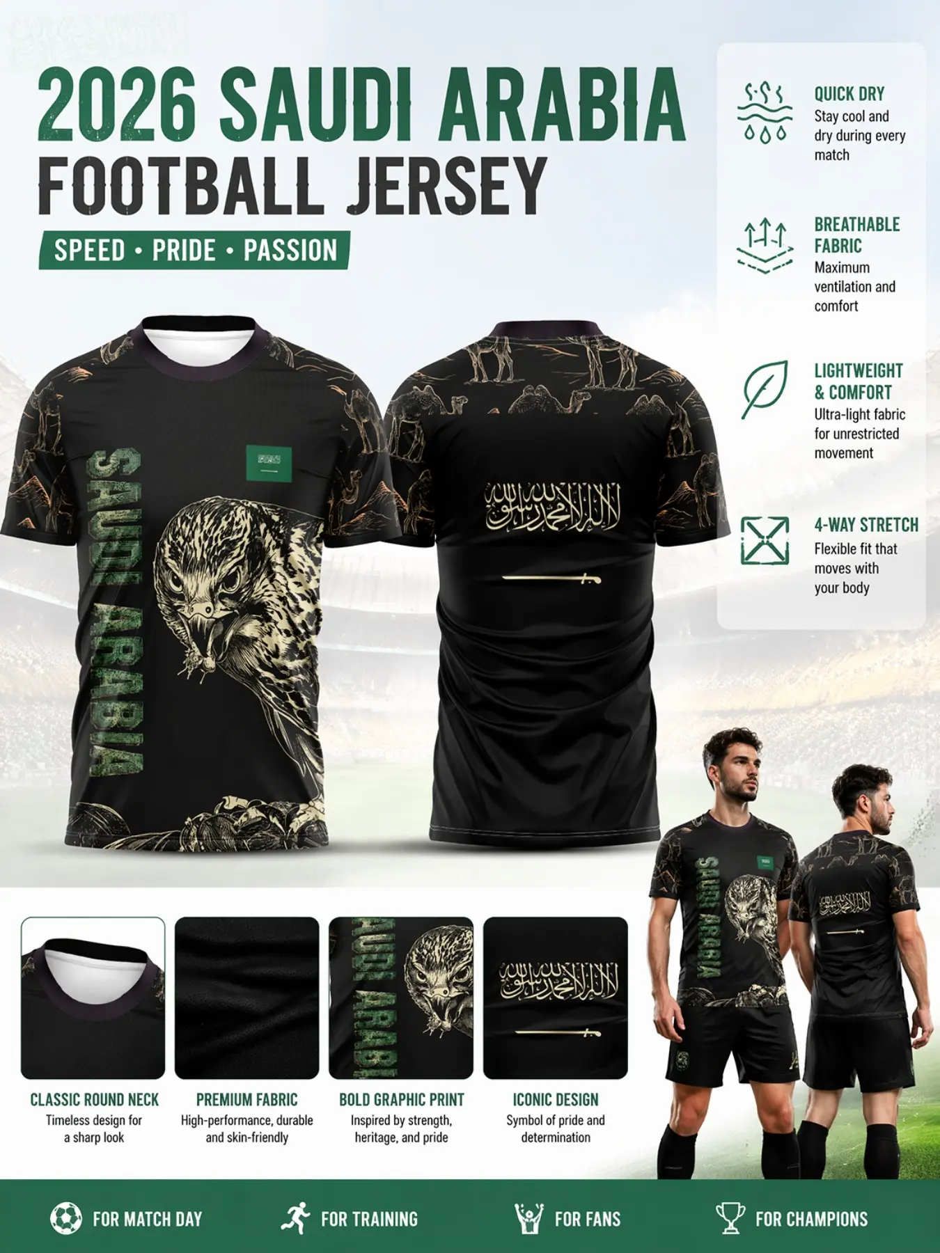 2026 Saudi Arabia Golden Falcon Soccer Jersey, Desert Camel Geometric Pattern, Quick-Dry Lightweight Breathable Sport Short Sleeve