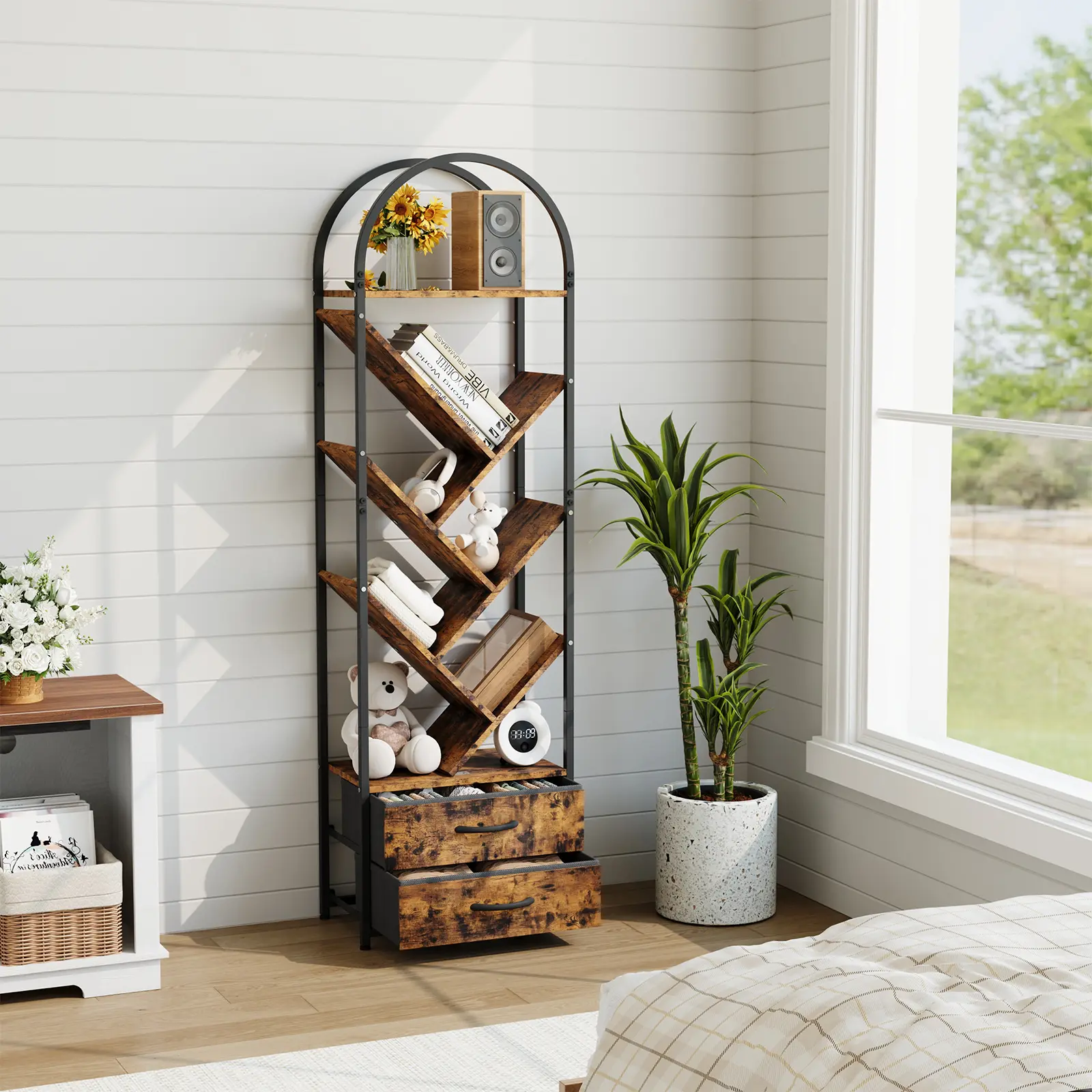 55" Tree Bookshelf with 2 Fabric Drawers, 6-Tier Tall Narrow Bookcase for Small Spaces, Industrial Book Shelf Organizer for Bedroom Living Room, Home Office