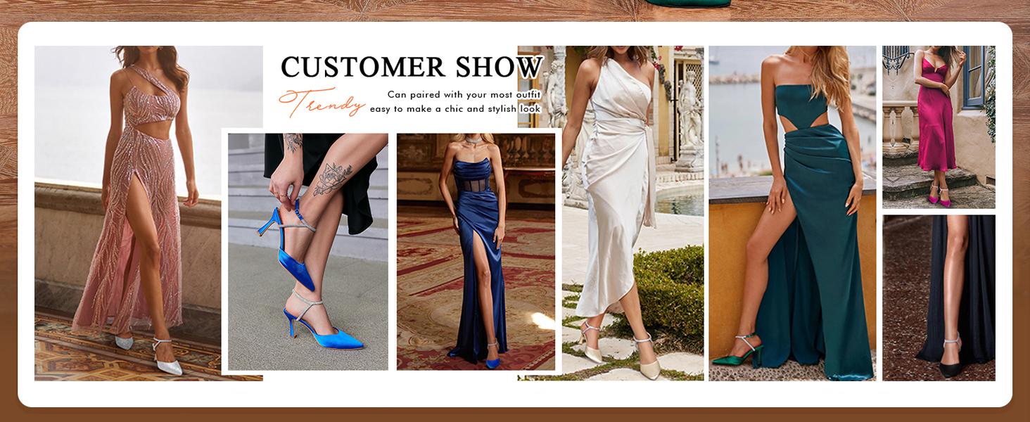 Coutgo Womens Rhinestone Heels Kitten High Satin Pumps Pointed Toe Sparkly Sexy Wedding Dress Shoes