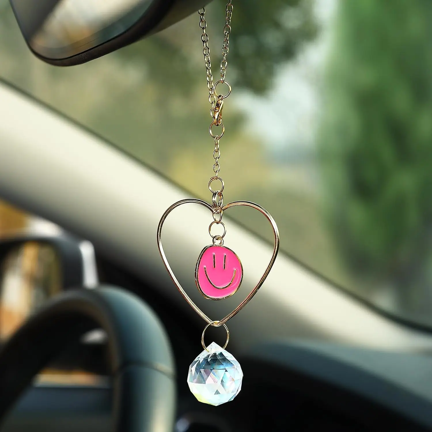 Rear View Mirror Accessories, Rose Smiley  Boho   Ornament Rearview Decor   Beaded  Heart Swinging Interior Decor for Women Men