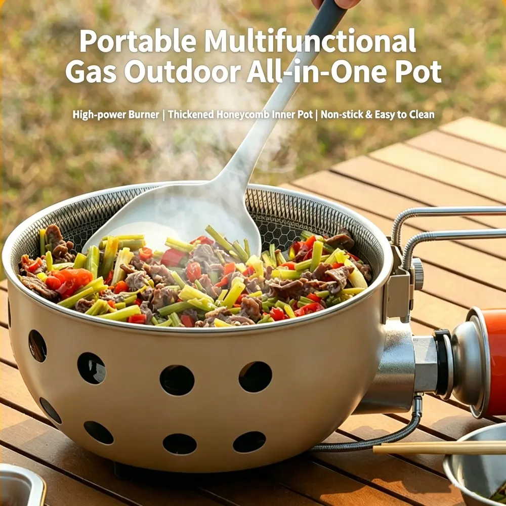 Portable All-in-One Outdoor Gas Stove Pot, Multifunctional Camping Cookware, Outdoor Cooking System with High Power Burner, Thickened Honeycomb Non Stick Inner Liner, Windproof Design Easy to Clean for Camping Hiking Beach Picnic Road Trip