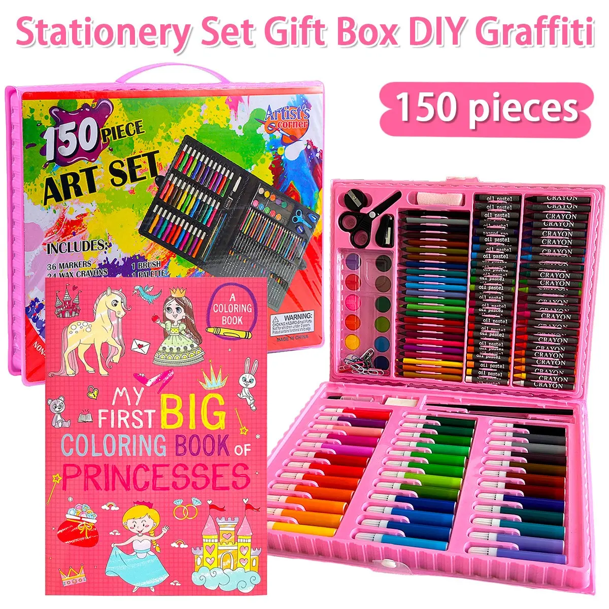 Teeny Baby 150-Piece Art Drawing Supplies Set with Sketchbook, Includes Sharpener, Eraser, Pencils, Ruler, Ideal for School, Gifts, Office Use, Art Coloring