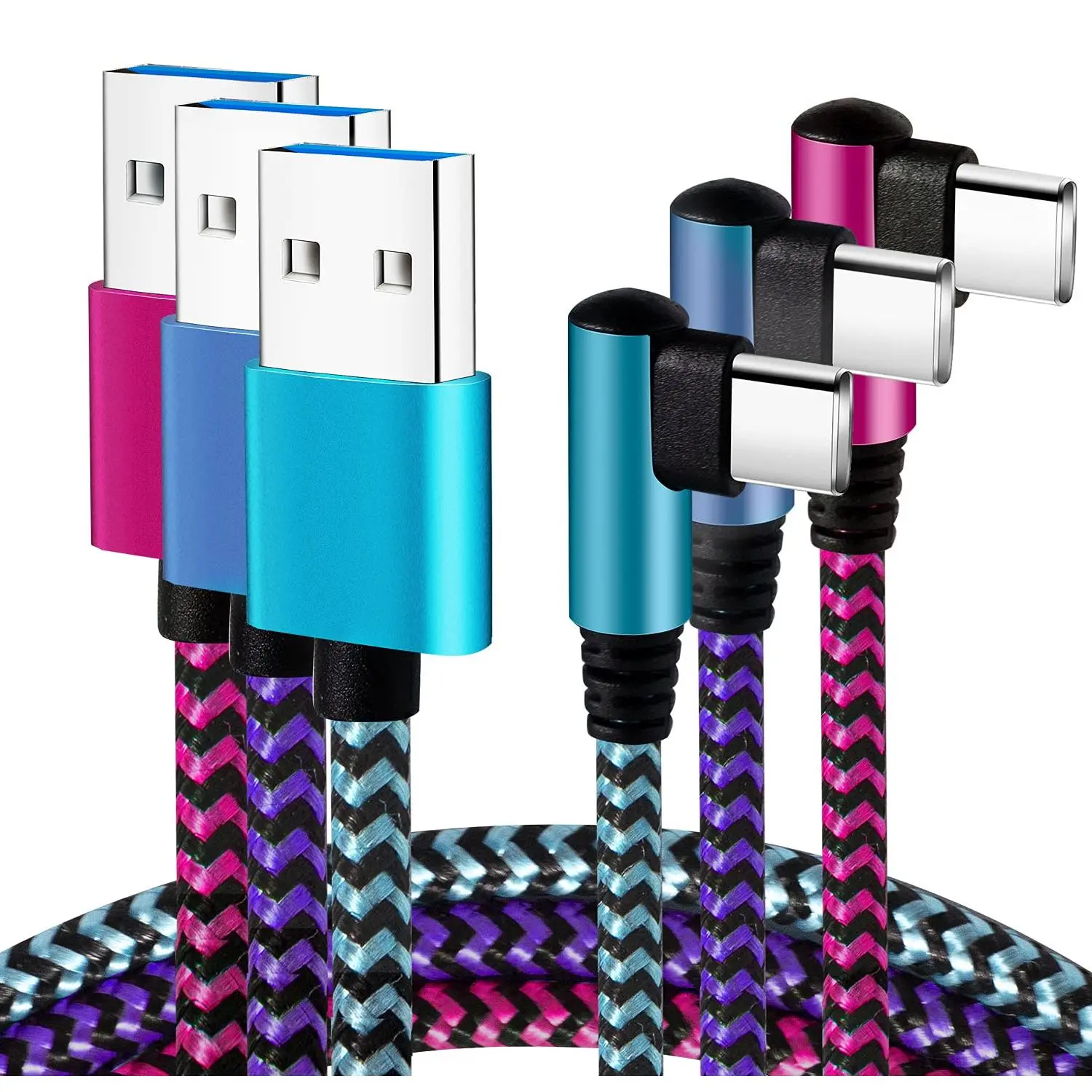 USB C Charging Cable 3-Pack (6-foot Length), 90-Degree Right Angle Nylon Braided Cord for Mobile Devices, Type C Chargers Compatible
