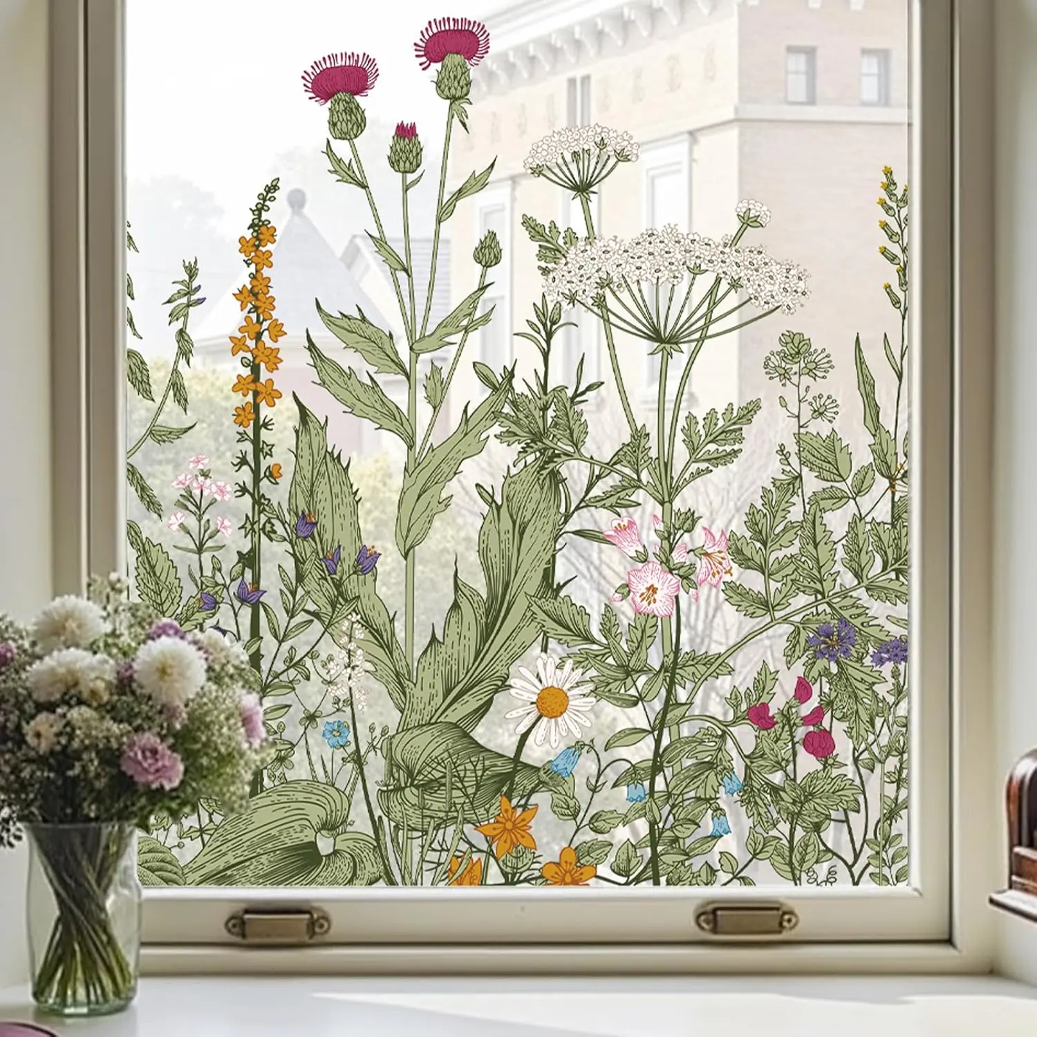 Window Privacy Film,Colorful Floral Window Stickers,Removable DIY Bouquet Static Clings, Decals for Home School Office Party Supplies, Wildflower Reverie ‌ , 17.5 x 78.7 in