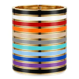 Gold Tone Narrow Enamel Stainless Steel Cuff Bangle for Women, Secure Buckle Closure Hypoallergenic Tarnish Resistant Fashion Wrist Jewelry, Elegant Durable Bracelet Ideal for Daily Wear, Office, Parties and Gift Giving