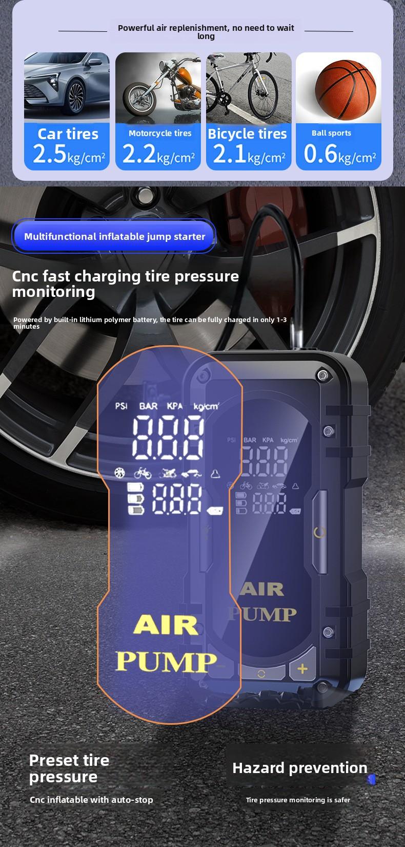 2-in-1 Portable Car Jump Starter & Tire Inflator with Emergency Light & Power Bank