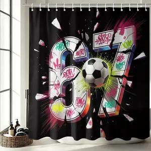 3d Football Wall Breaking Pattern Printed Shower Curtain With Hooks, Size 67 Football Graffiti Print, Sports Style Decorative Shower Curtain, Waterproof And Mildew Resistant, Suitable For Children And Teenagers' Bathroom Decoration