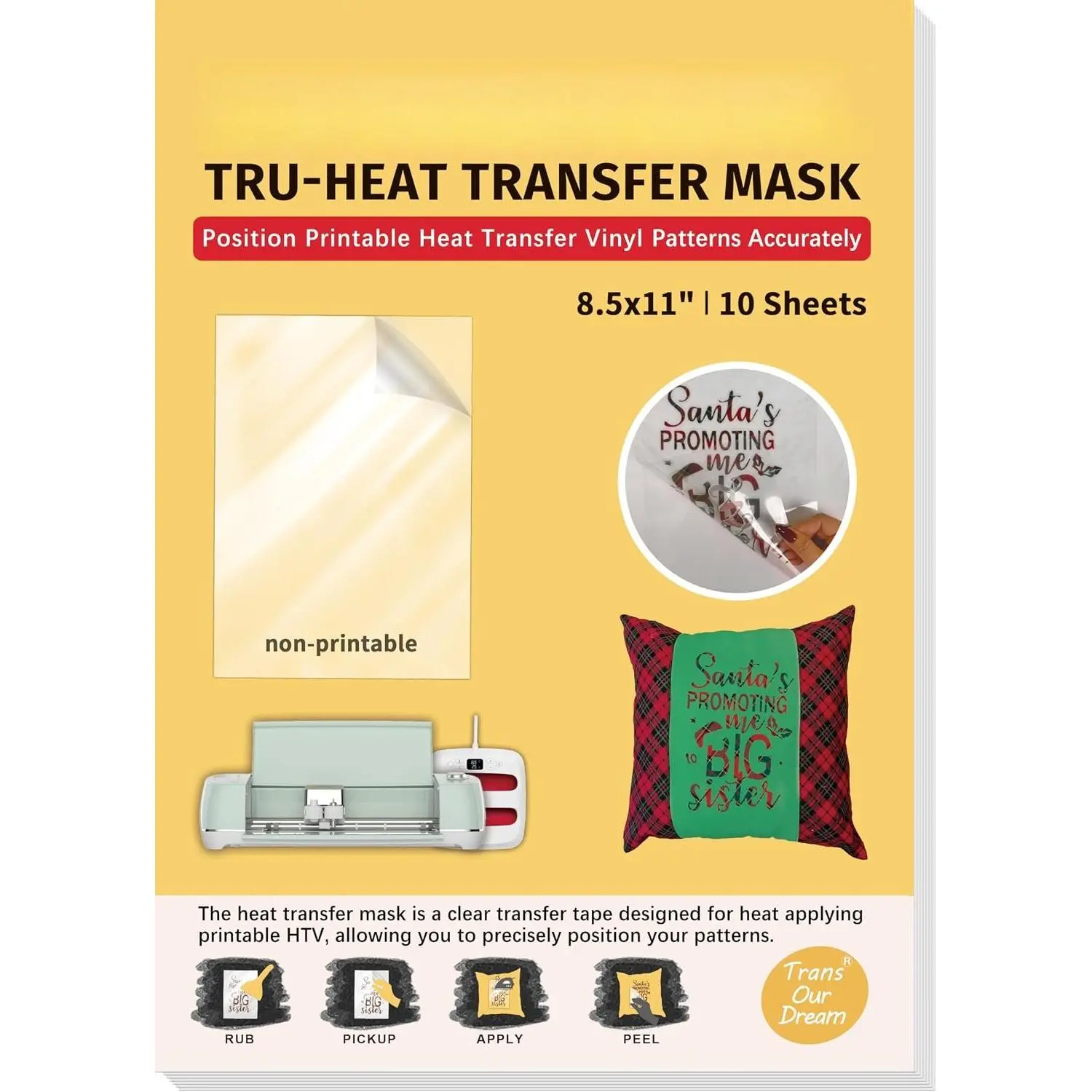 Tru-Heat Transfer Mask for Dark Printable Heat Transfer Vinyl (10 Sheets, 8.5x11") Clear Iron  Transfer Tape for Printable HTV Vinyl