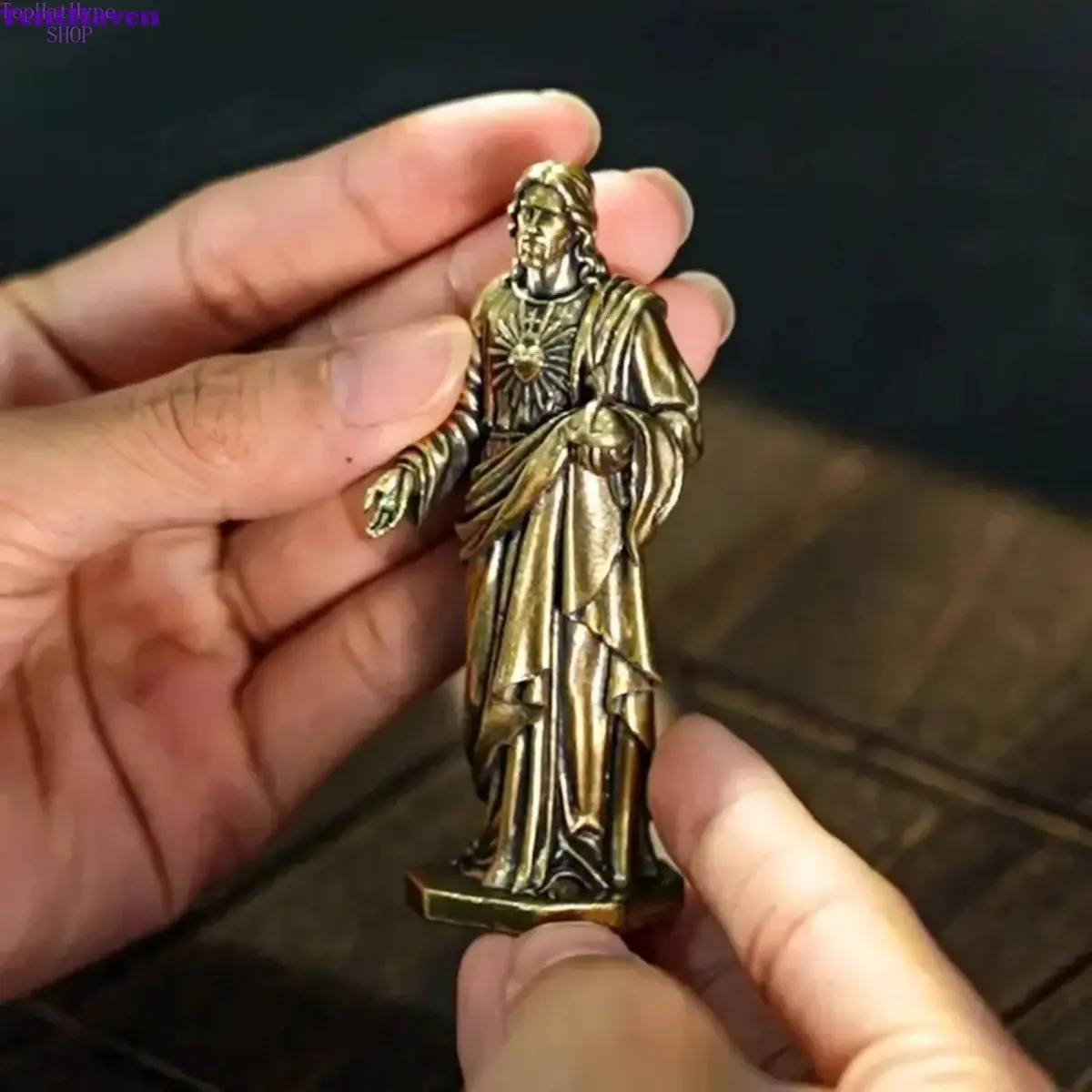 Solid Brass Sculpture of Jesus with Sacred Heart, Antique Handcrafted Christian Figurine for Indoor Home & Church Religious Decor, Christianity, Metal, Handmade, Indoors, Figurines & Miniatures, Spiritual Gift, Office, No, Statue, Spiritual Devotion