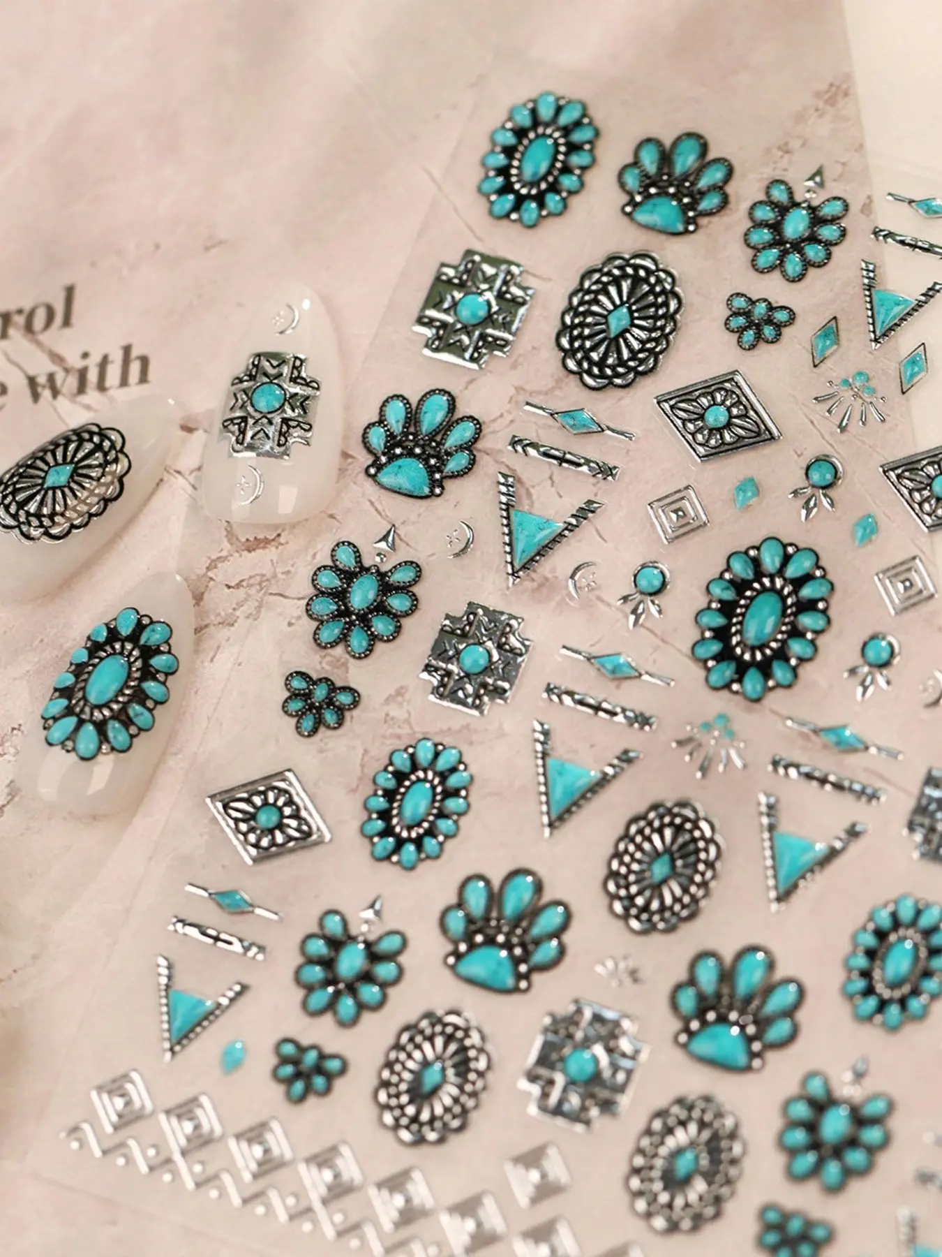 Bohemian Vintage Turquoise Nail Stickers, Geometric Pattern, Silver Color Decor, DIY Nail Decoration for Women and Girls