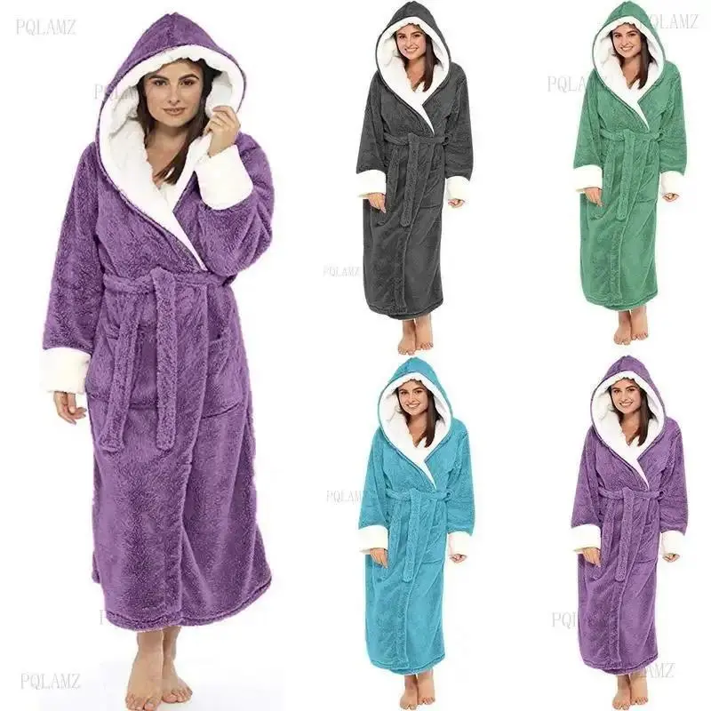 Women's Hooded Fleece Bathrobe, 2025 Soft Long Robe, Fluffy Warm Loungewear for Women, S-5XL Sizes