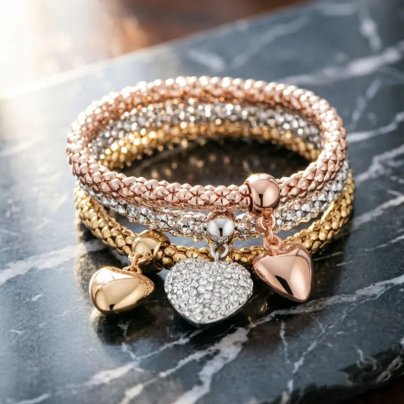 Women's 3-Piece Alloy Metal Retro Look Lock Key Bracelet Set - Elastic Band, Charm Pendants, Dainty Costume Jewelry for Daily Wear, Birthday Gift for Women