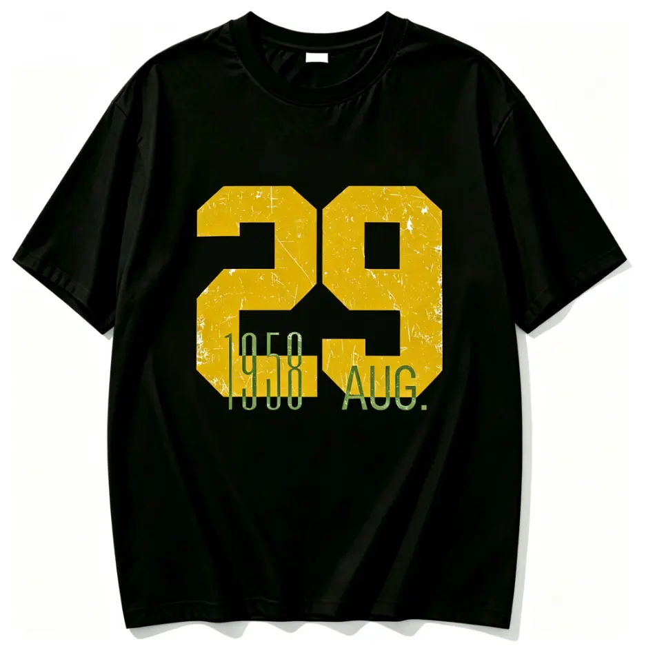100% Cotton Vintage Distressed Yellow Number 29 August 1958 Retro Birth Year Date Graphic T Shirt Faded Worn Texture Sport Number Design Lightweight Breathable Cotton Short Sleeve Casual Birthday Tee
