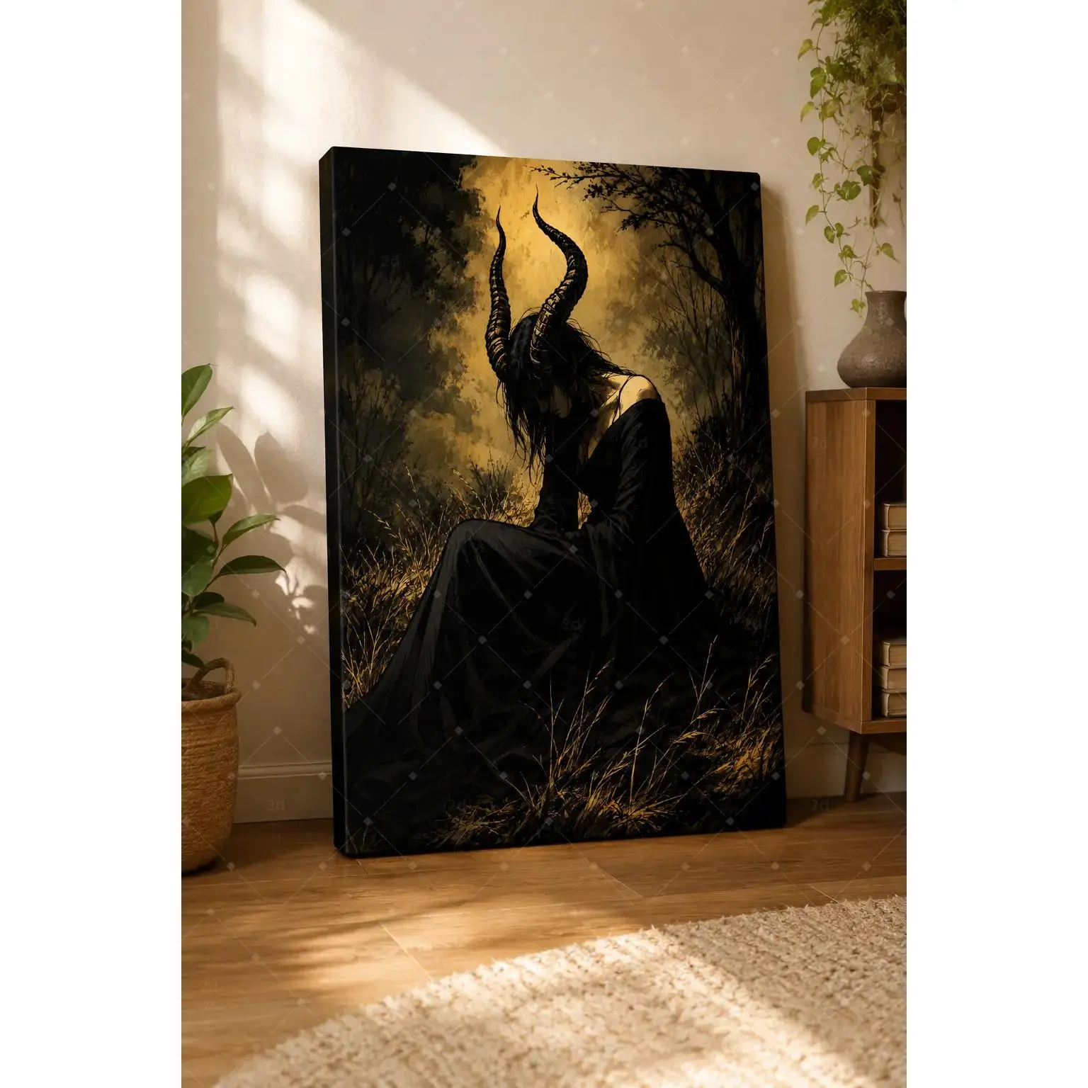 Vintage Dark Forest Horned Lady Black Long Gown Canvas Wall Art, Moody Gothic Sepia Witch Painting For Tattoo Shop Bedroom Game Room Halloween Apartment Wall Decor, Available as Unframed Canvas Poster or Framed Canvas Wrap