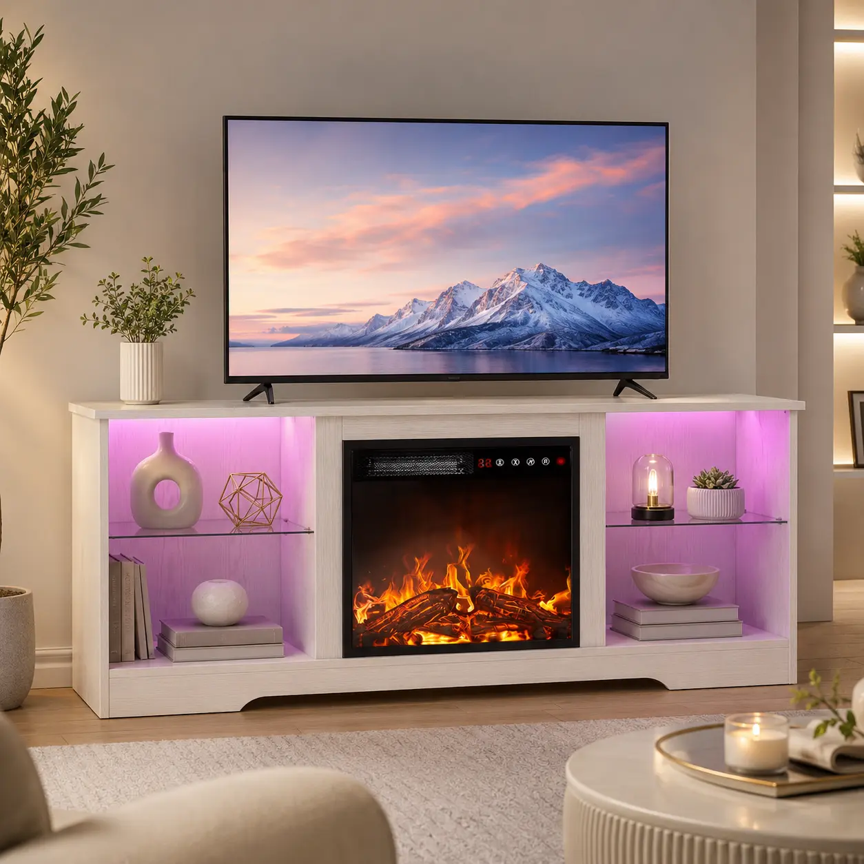 58" Fireplace TV Stand with 18" Flame Fireplace, Modern Storage Entertainment Console with RGB LED Light Strip, Fits TVs Up to 65", Includes Remote Control